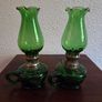 Pair Small Early Vintage Emerald Green Oil Lamps Image 2