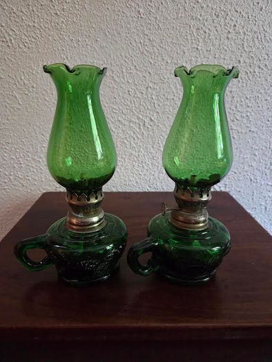 Pair Small Early Vintage Emerald Green Oil Lamps