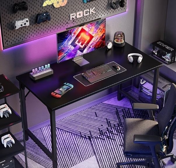 Small Home Office Desk Study Writing Kid Table for Small Spaces, Simple PC Gaming Desk, Adjustable Feet, Black