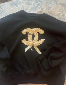 Black Crewneck Sweatshirt with Couture-Inspired Pearl Embellishment