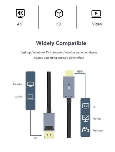 Cabletime 1.8M Active DisplayPort (Male) to HDMI (Male) 4K@60Hz Gold-Plated Nylon Braided LED Light Cable (Brand New/Warranty)