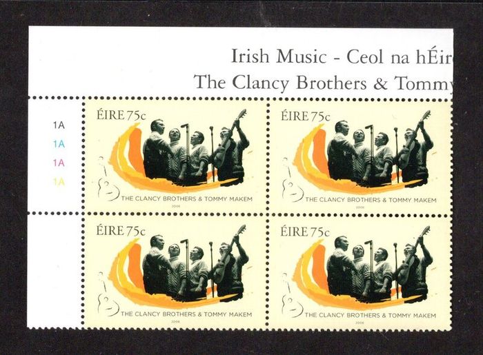 2006 Ireland Irish Music The Clancy Brothers Plate Block 1A1A1A1A Commemorative Stamp Mint Never Hinged (MNH)