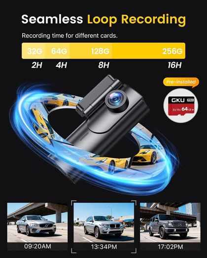 GKU 4K Dash Cam Front and Rear, 5GHz WiFi Dashcam with 64GB SD Card, Dual Car Camera Dash Cam with Parking Monitor, Night Vision, WDR, 170 Wide Angle, G-Sensor, Loop Recording, APP Control, Max 256GB
