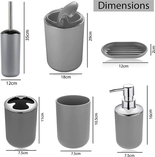 6 Pieces | Bathroom Accessories Set | Plastic Bathroom Accessories | Toothbrush Holder, Rinse Cup, Soap Dish, Hand Sanitizer Bottle, Waste Bin, Toilet Brush with Holder | White