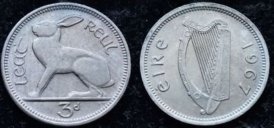 [#444] - Ireland 1967 | 3 Pence | Irish 3d | Hare | KM.12a | MS