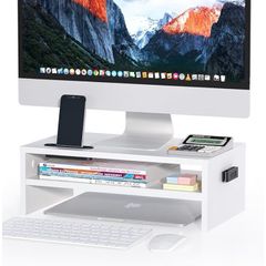 Desk Monitor Stand with Smartphone Holder, Ergonomic Laptop Stand with Cable Management for Computer, Notebook, iMac, PC, 2 Tiers Black (W420 x D235 x H142mm) White