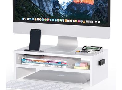 Desk Monitor Stand with Smartphone Holder, Ergonomic Laptop Stand with Cable Management for Computer, Notebook, iMac, PC, 2 Tiers Black (W420 x D235 x H142mm) White