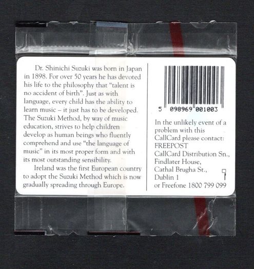 1995 Ireland 100 unit first European country to adopt the Suzuki Method, striving to help educate children through music (Gemplus GEM1) Call Card Mint in Packaging. Telecom Eireann Card Number 1094