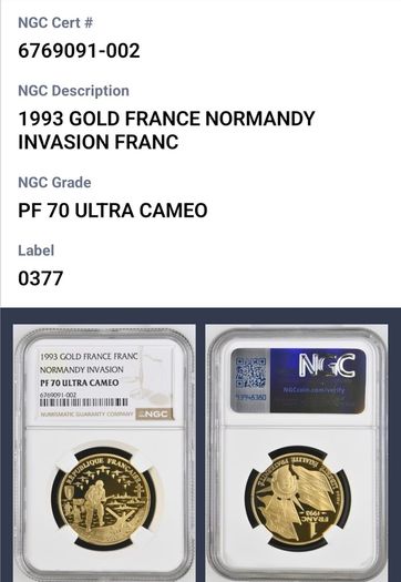 1993 Gold French Normandy Invasion Gold Franc Coin (17gm) Sovereign