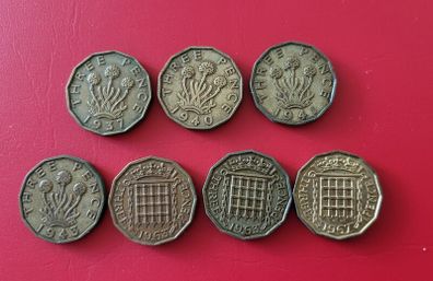 7 x Three pence coins, 3D, 3 pence