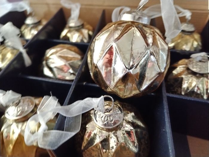 Box of x12 Gold Speckle Geometric Style Glass Christmas Baubles
