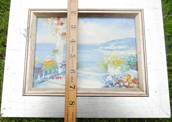 Vintage Oil Paintings Seaside Impressionism Wall Art Blue Oil Paintings Garden Floral Wall Art Blue Artwork Living Room Wall Art, signed framed