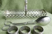Vintage Silver Plate Serving Dish, Serving Tong and  Napkin Rings