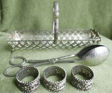 Vintage Silver Plate Serving Dish, Serving Tong and  Napkin Rings