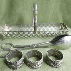 Vintage Silver Plate Serving Dish, Serving Tong and  Napkin Rings