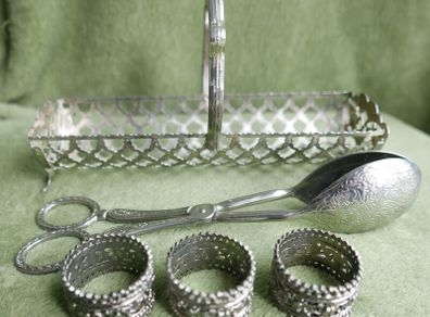 Vintage Silver Plate Serving Dish, Serving Tong and  Napkin Rings