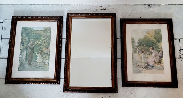 Antique edwardian mirror & pair of pictures