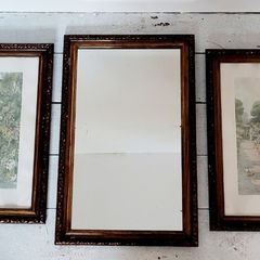 Antique edwardian mirror & pair of pictures
