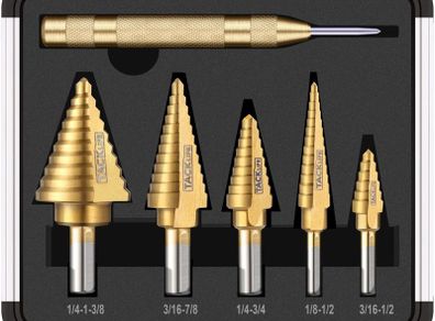 Step Drills,5PCS Step Cone Drill Bit Sets 50 Sizes ,Titanium Coate,Pagoda drill with Automatic Center Punch,Hex Shank,High Speed Step drill bits for Wood, Stainless Steel, Sheet