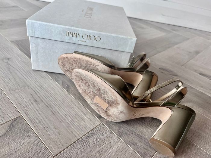 Jimmy Choo Miranda 85 Gold Metallic Block Heels Size 37 - Box Inc.