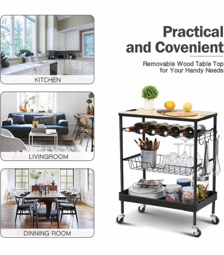 Kitchen Island Storage Trolley with Wine Rack,Serving Trolleys with Utility Wood Tabletop,4-Tier Rolling Cart with Basket Drawer Lockable Casters for Home,Dining Room,Restaurant,Hotel (FREE POSTAGE)