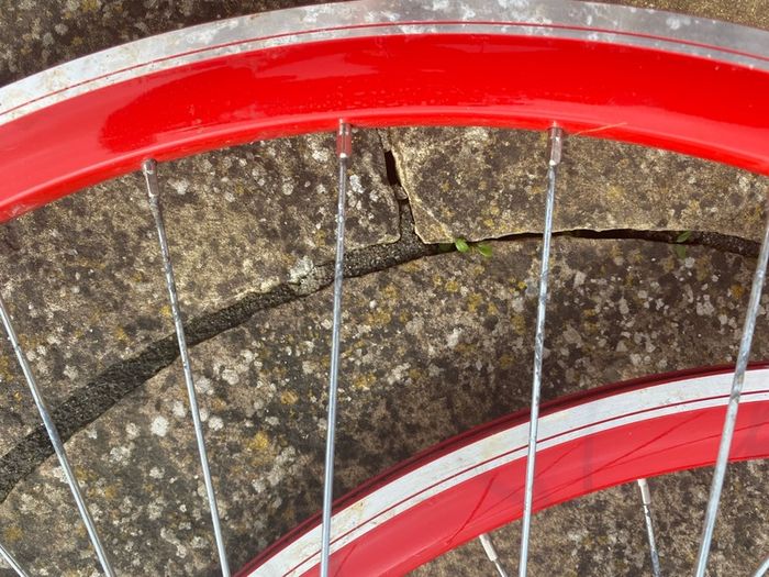 Red Bicycle Wheelset - Fixie/Singlespeed/FixedGear/Track Bike (FlipFlop Rear Hub) Sealed Bearings - Massively Discounted due to Cosmetic Flaws - Red Rims with Silver Spokes and Hubs.