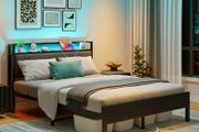 Double Bed Frame with Storage Headboard,Charging Station,LED Lights,4ft6 Metal Platform Upholstered Bed Frame Double Bed,for 135 x 190 cm Mattress,Strong Steel Slat Support/Noise Free/Black
