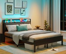 Double Bed Frame with Storage Headboard,Charging Station,LED Lights,4ft6 Metal Platform Upholstered Bed Frame Double Bed,for 135 x 190 cm Mattress,Strong Steel Slat Support/Noise Free/Black