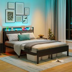 Double Bed Frame with Storage Headboard,Charging Station,LED Lights,4ft6 Metal Platform Upholstered Bed Frame Double Bed,for 135 x 190 cm Mattress,Strong Steel Slat Support/Noise Free/Black