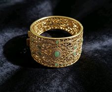Stunning Royal Gold Plated Cuff Bracelet Intricate Filigree Green Stones.
