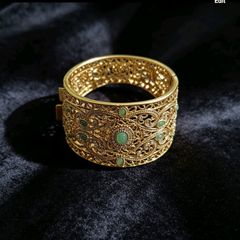 Stunning Royal Gold Plated Cuff Bracelet Intricate Filigree Green Stones.