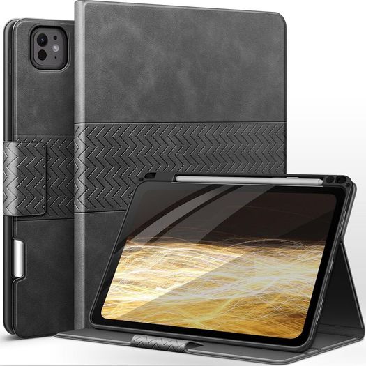 Case for iPad Pro 11 Inch (M5/M4) 2025/2024, PU Leather Case with Pencil Holder, Supports Pencil Pro and Pencil(USB-C), Adjustable Angles, Auto Sleep/Wake (Grey)