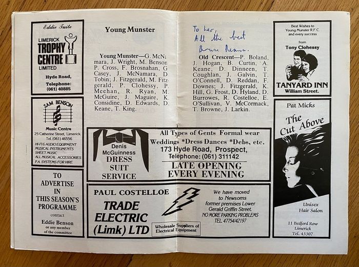 1989 Young Munster v Old Crescent - Munster Senior League Programme