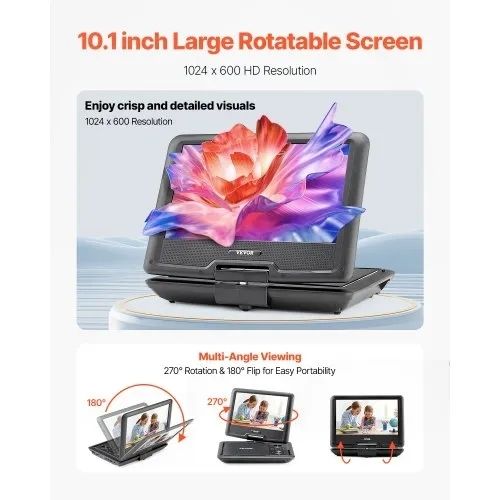 10.1 inch HD Swivel Display Screen, 4 Hours Built-in Rechargeable Battery, Dual Speakers, Support Sync TV/USB/SD Card/CD/DVD, Car Charger, AC Power Adapter, Remote Control