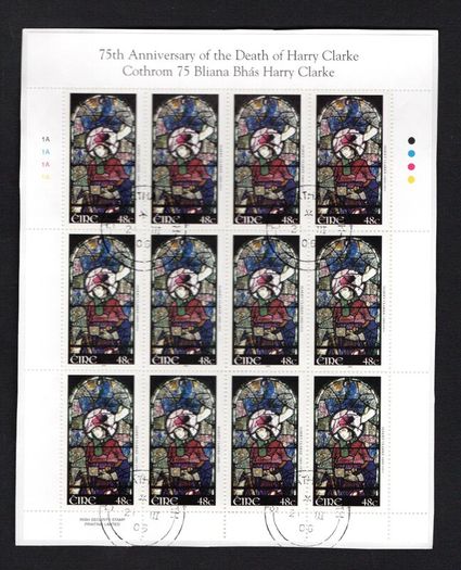 2006 Ireland 75th Anniversary of The Death of Harry Clarke. Hubert Stained Glass Window Commemorative Stamp Sheetlet Plate 1A1A1A1A Fine Used with Dublin cancel of 21st March 2006 (First day of issue)