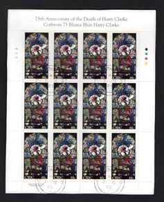 2006 Ireland 75th Anniversary of The Death of Harry Clarke. Hubert Stained Glass Window Commemorative Stamp Sheetlet Plate 1A1A1A1A Fine Used with Dublin cancel of 21st March 2006 (First day of issue)