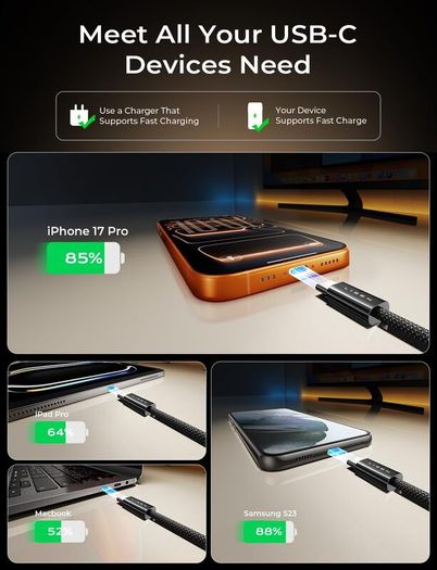 USB C to USB C Cable Charger 4-Pack [0.5/1/2/2M] for USBC to USBC Cable 60W C to Type C Charger Cables Fast Charging for iPhone 17 Pro Max 16 15 iPad Pro Air Samsung Galaxy S25 S24 Pixel Switch