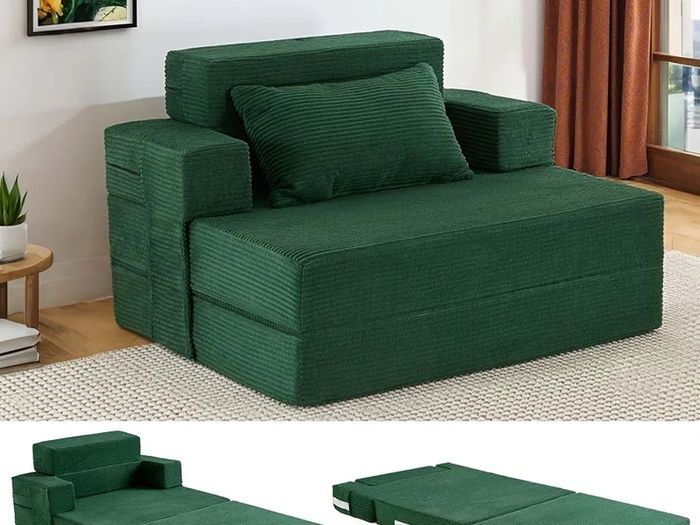 Sofa Bed Single Convertible Chair Bed with Pillow & Armrests, Foldable Futon Mattress with Back Support, Boneless Sofa Bed for Living Room and Bedroom, Dark Green