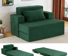 Sofa Bed Single Convertible Chair Bed with Pillow & Armrests, Foldable Futon Mattress with Back Support, Boneless Sofa Bed for Living Room and Bedroom, Dark Green