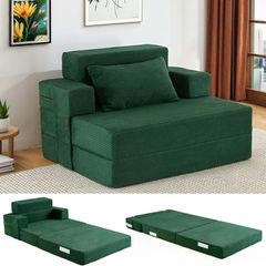 Sofa Bed Single Convertible Chair Bed with Pillow & Armrests, Foldable Futon Mattress with Back Support, Boneless Sofa Bed for Living Room and Bedroom, Dark Green