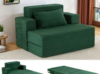 Sofa Bed Single Convertible Chair Bed with Pillow & Armrests, Foldable Futon Mattress with Back Support, Boneless Sofa Bed for Living Room and Bedroom, Dark Green