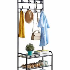 Coat Rack Shoe Bench with 16 Hooks, Metal Coat Hat Rack Free Standing Clothes Stand with 3-Tier Shoe Rack Bench, Hat Umbrella Stand Hallway Organiser, 3-in-1 Hall Tree with Metal Frame
