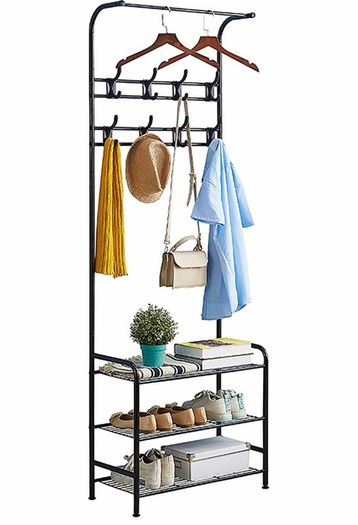 Coat Rack Shoe Bench with 16 Hooks, Metal Coat Hat Rack Free Standing Clothes Stand with 3-Tier Shoe Rack Bench, Hat Umbrella Stand Hallway Organiser, 3-in-1 Hall Tree with Metal Frame