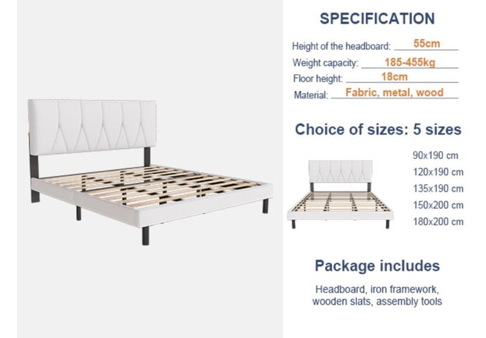 King Bed Frame, White, Upholstered Wooden Slat Bed Frame with Headboard, Easy Assembly, Underbed Storage, No Box Spring Needed 150x200