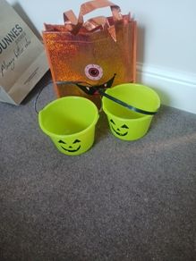 halloween trick or treat buckets x2 and 1 large orange bag