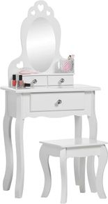 Girls Dressing Table (Age 3-7yrs) With Mirror and Stool, Childrens White Wooden Kids Vanity Table with Crystal Knobs Childs Dressing Table Set for a Kid