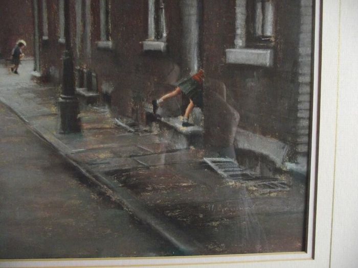 Marc Grimshaw - Original Pastel of - Children In A Rainy Street - Signed