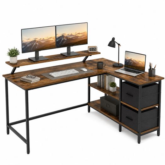 L-Shaped Corner Desk with Storage Drawers & Monitor Shelf  Vintage Brown