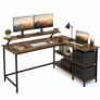 L-Shaped Corner Desk with Storage Drawers & Monitor Shelf  Vintage Brown Image 2