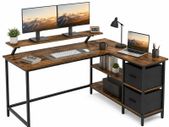L-Shaped Corner Desk with Storage Drawers & Monitor Shelf  Vintage Brown